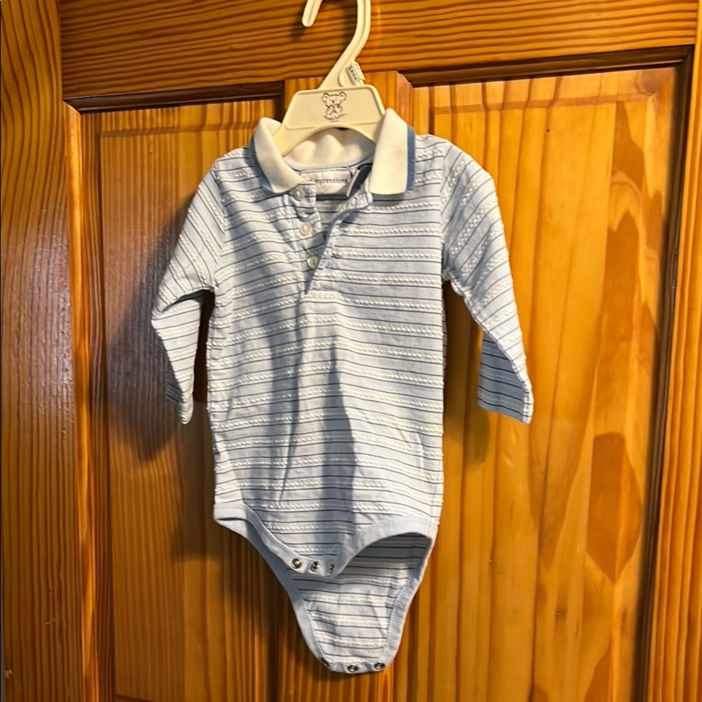 First Impressions Light Blue Striped Bodysuit Size 6-9 months